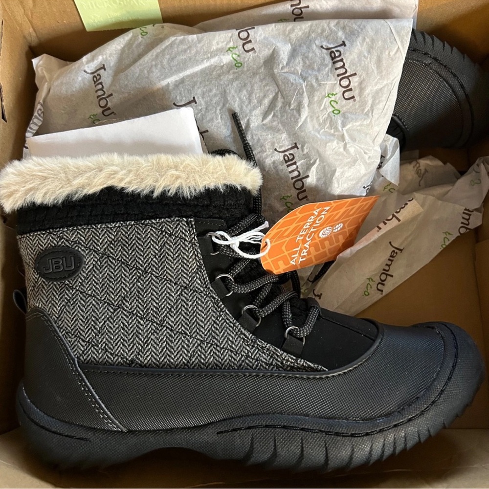 JBU Jambu Jane Boots Black Herringbone Size 8.5 New With Tags Faux Fur Lace Up